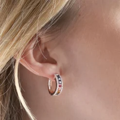 Rose Gold Rainbow Sapphire & Diamond Hoop Earrings 14K