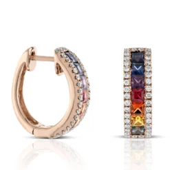 Rose Gold Rainbow Sapphire & Diamond Hoop Earrings 14K