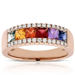 Rose Gold Rainbow Sapphire & Diamond Ring 14K