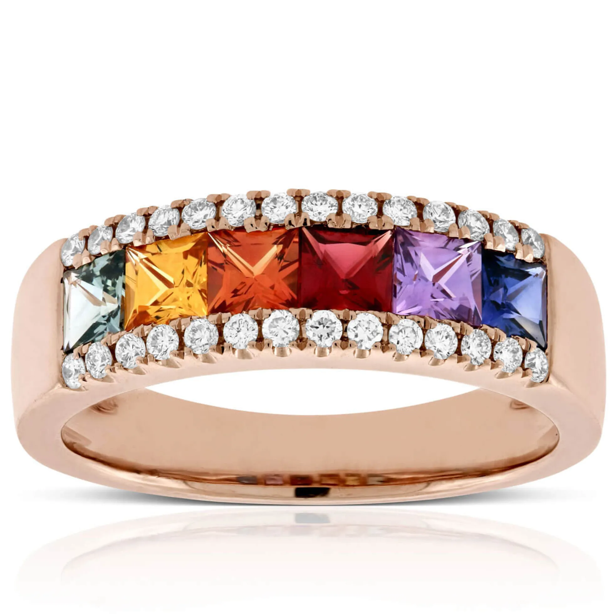 Rose Gold Rainbow Sapphire & Diamond Ring 14K
