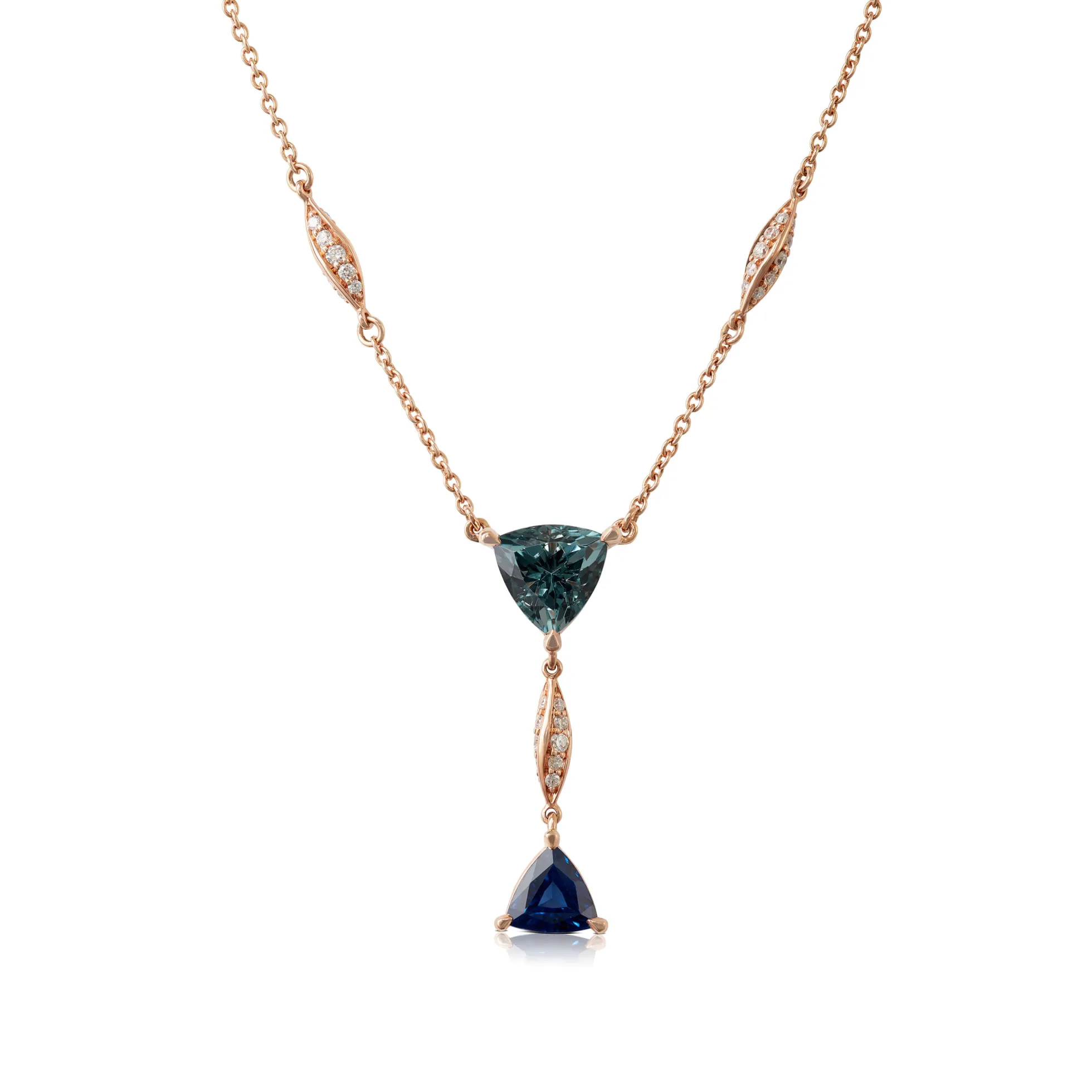 Rose Gold Trillion Gemstone & Diamond Twist "Y" Drop Necklace 14K