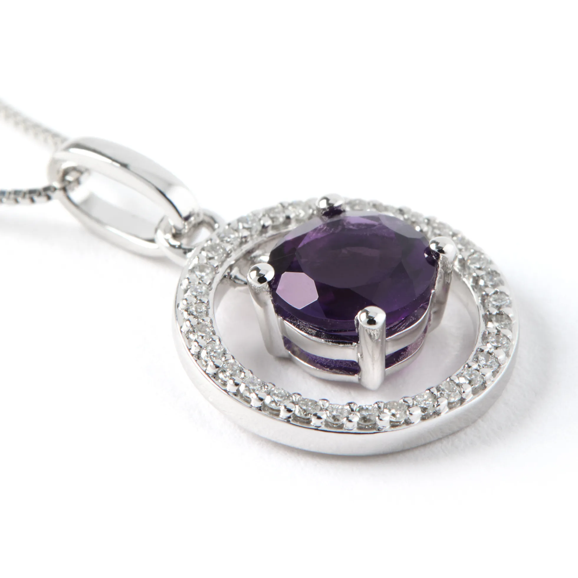 Round Amethyst and Diamond Pendant, 14K White Gold
