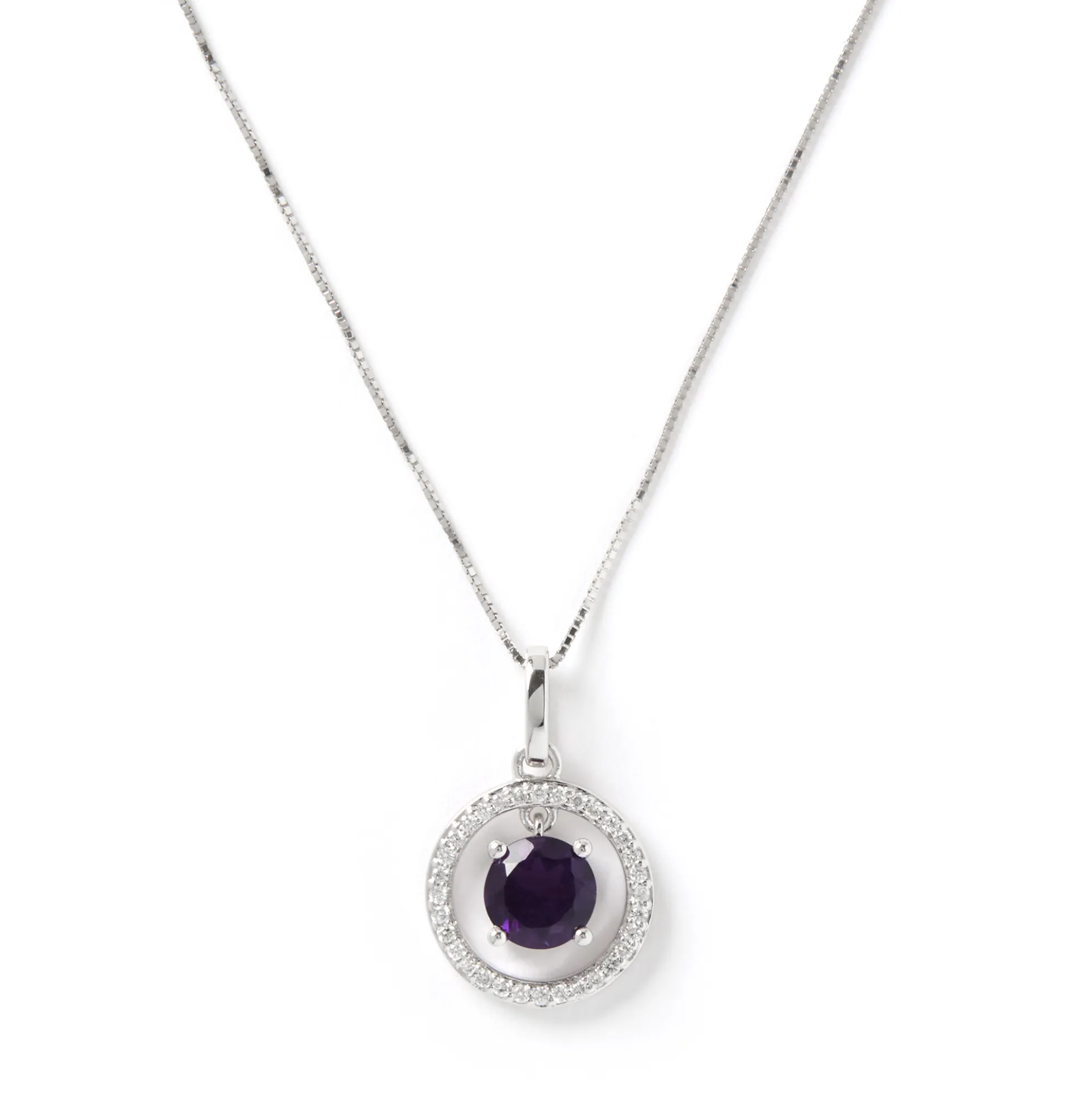 Round Amethyst and Diamond Pendant, 14K White Gold