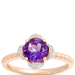 Round Amethyst and Diamond Ring, 14K Rose Gold