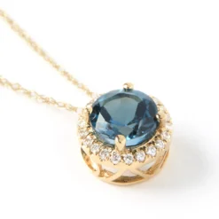Round Blue Topaz and Diamond Pendant, 14K Yellow Gold