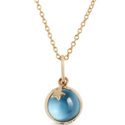 Round Blue Topaz Pendant Necklace with Star Overlay, 14K Yellow Gold