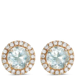 Round Cut Aquamarine and Diamond Halo Stud Earrings, 14K Yellow Gold