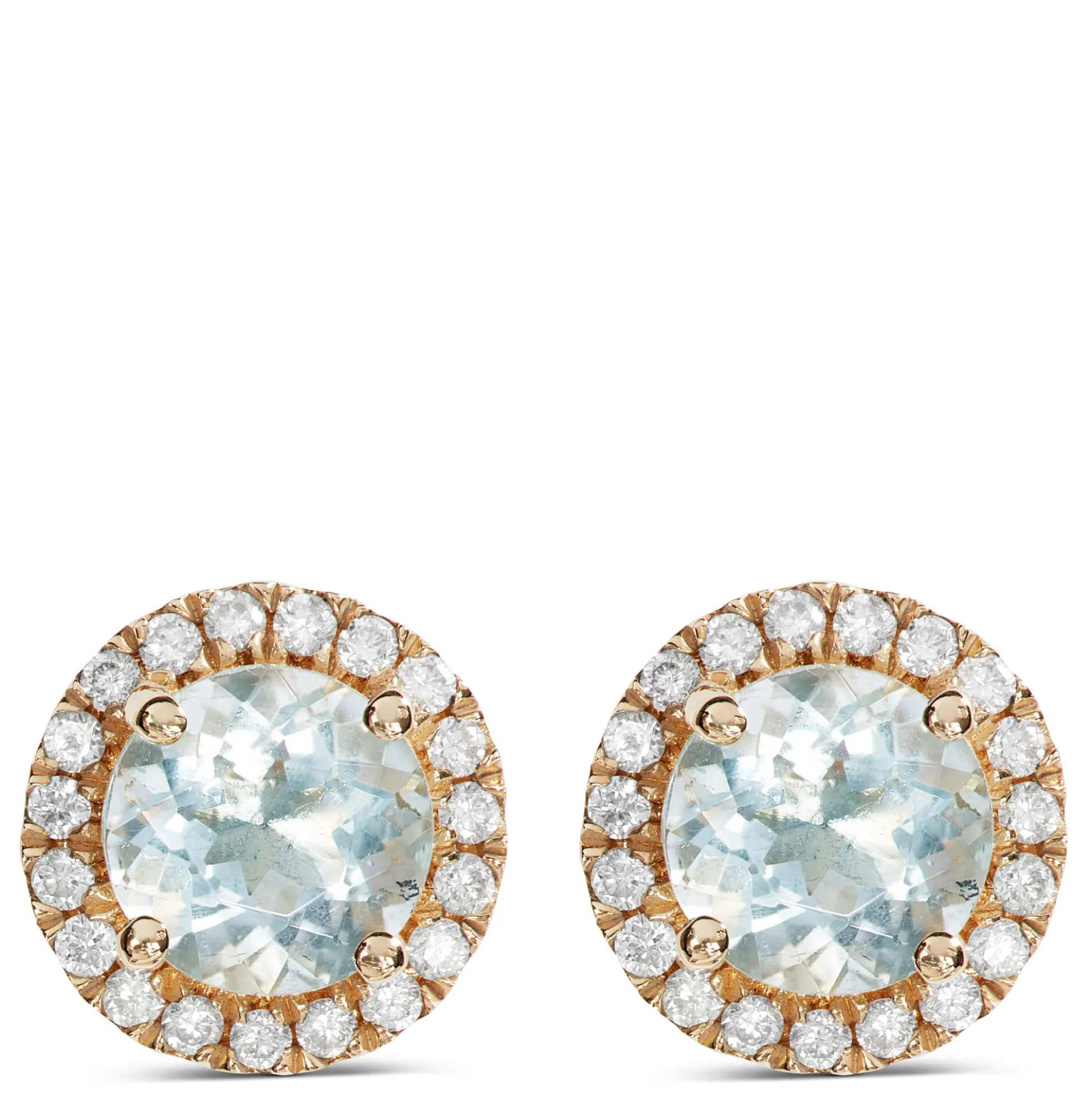 Round Cut Aquamarine and Diamond Halo Stud Earrings, 14K Yellow Gold
