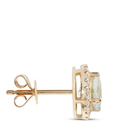Round Cut Aquamarine and Diamond Halo Stud Earrings, 14K Yellow Gold