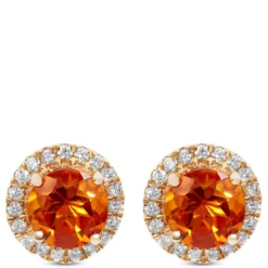 Round Cut Citrine and Diamond Halo Earrings, 14K Yellow Gold