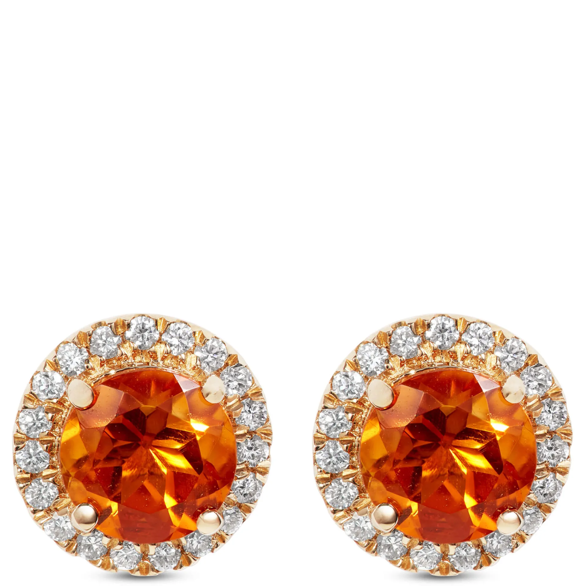Round Cut Citrine and Diamond Halo Earrings, 14K Yellow Gold