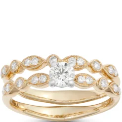 Round Cut Diamond Bridal Set, 14K Yellow Gold