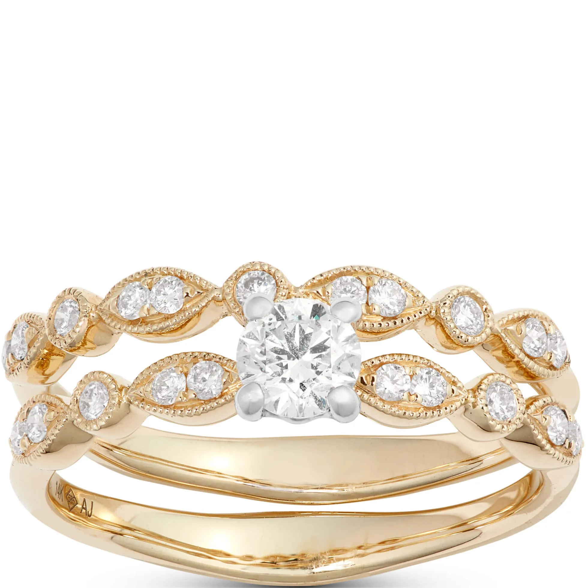 Round Cut Diamond Bridal Set, 14K Yellow Gold