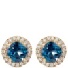 Round Cut London Blue Topaz and Diamond Halo Earrings, 14K Yellow Gold