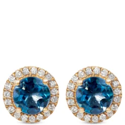 Round Cut London Blue Topaz and Diamond Halo Earrings, 14K Yellow Gold