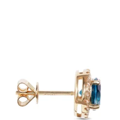 Round Cut London Blue Topaz and Diamond Halo Earrings, 14K Yellow Gold