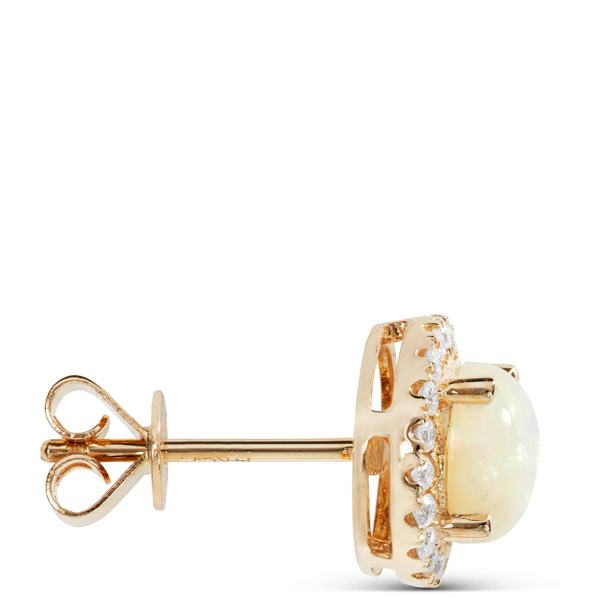 Round Cut Opal and Diamond Halo Earrings, 14K Yellow Gold