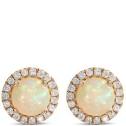 Round Cut Opal and Diamond Halo Earrings, 14K Yellow Gold