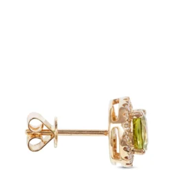 Round Cut Peridot and Diamond Halo Earrings, 14K Yellow Gold