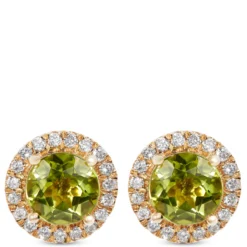Round Cut Peridot and Diamond Halo Earrings, 14K Yellow Gold