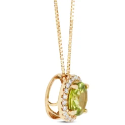 Round Cut Peridot and Diamond Halo Pendant Necklace, 14K Yellow Gold