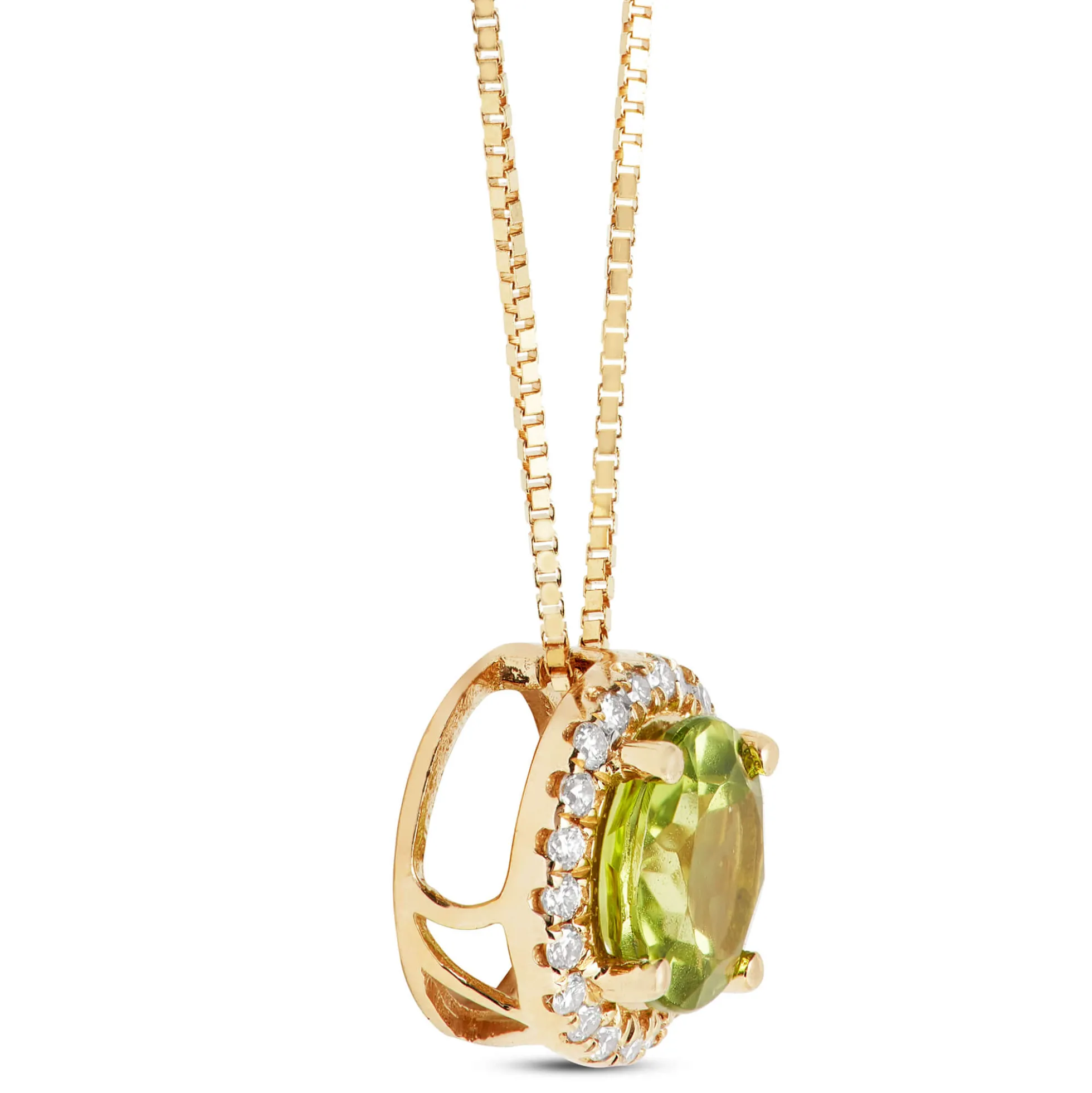 Round Cut Peridot and Diamond Halo Pendant Necklace, 14K Yellow Gold