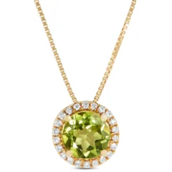 Round Cut Peridot and Diamond Halo Pendant Necklace, 14K Yellow Gold