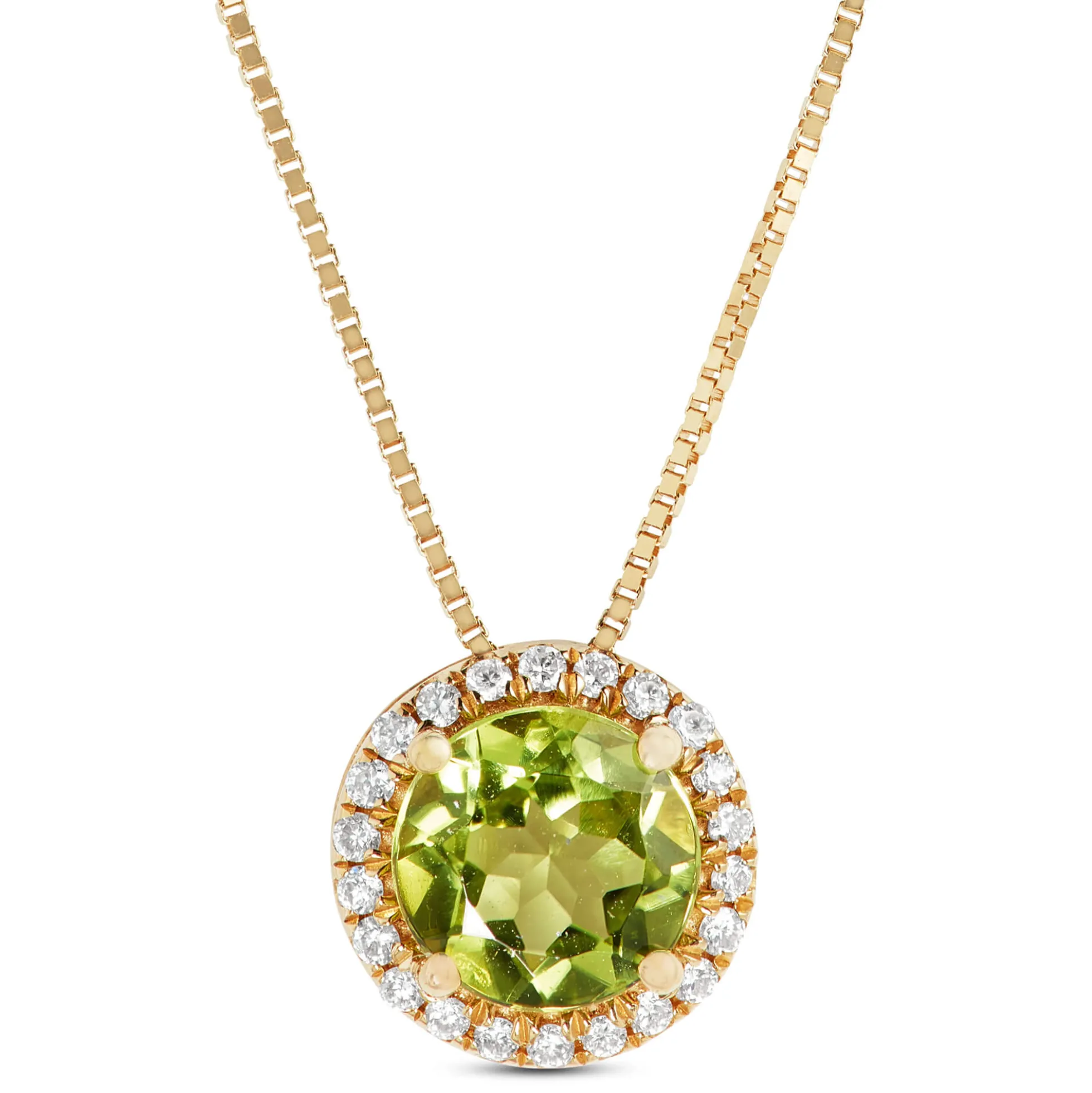 Round Cut Peridot and Diamond Halo Pendant Necklace, 14K Yellow Gold