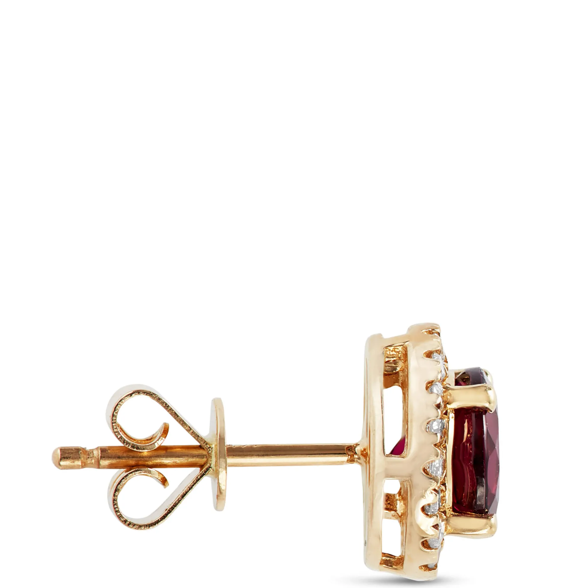 Round Cut Rhodolite and Diamond Halo Earrings, 14K Yellow Gold