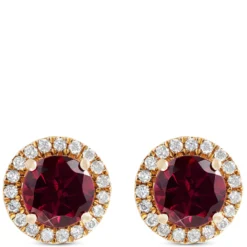 Round Cut Rhodolite and Diamond Halo Earrings, 14K Yellow Gold