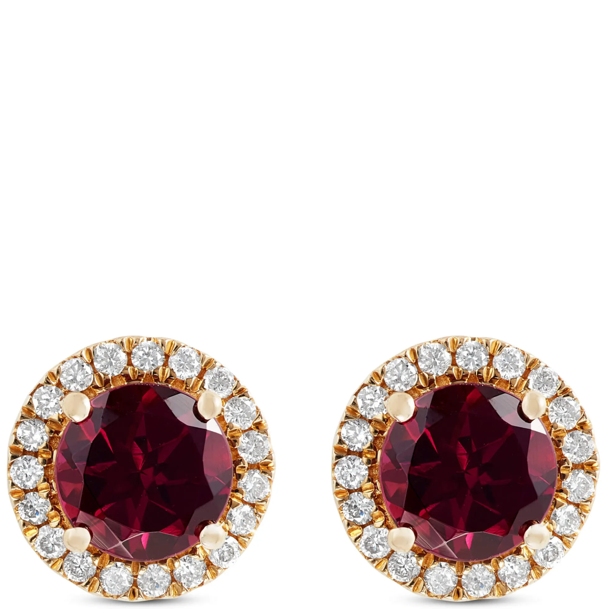 Round Cut Rhodolite and Diamond Halo Earrings, 14K Yellow Gold