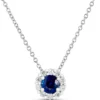 Round Cut Sapphire and Diamond Halo Pendant Necklace, 14K White Gold