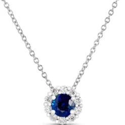 Round Cut Sapphire and Diamond Halo Pendant Necklace, 14K White Gold