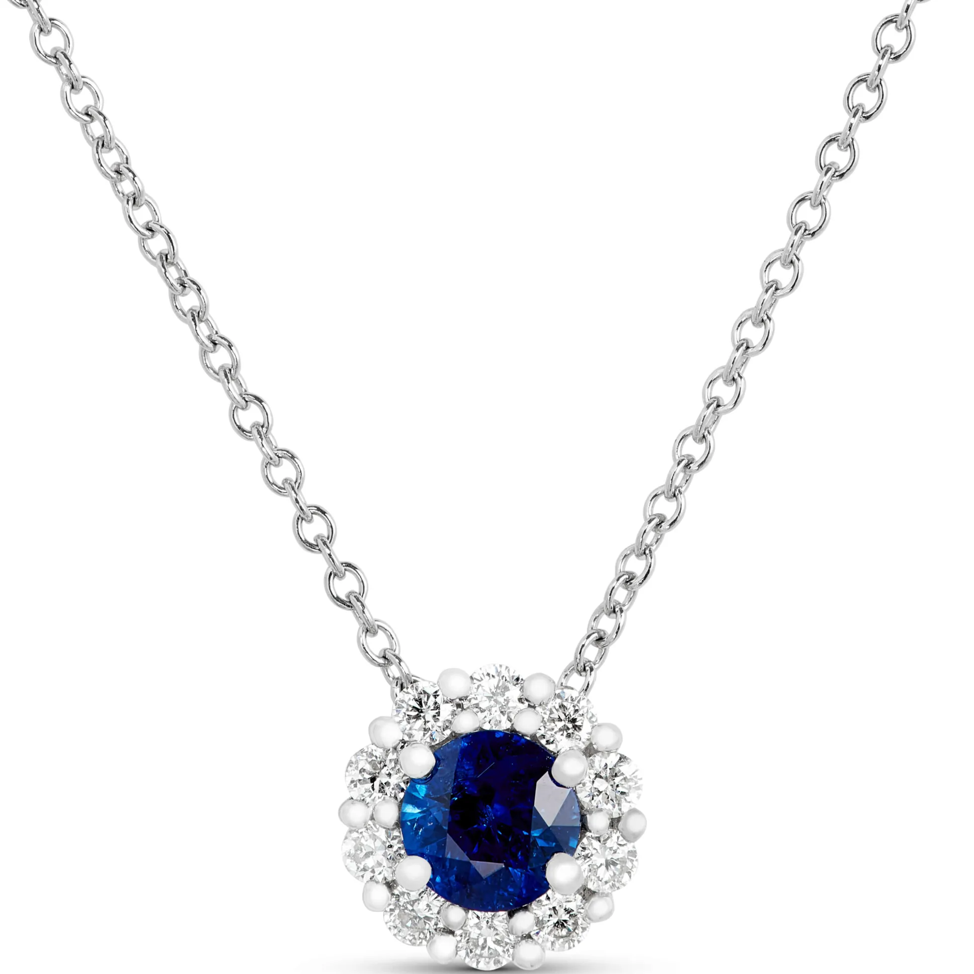 Round Cut Sapphire and Diamond Halo Pendant Necklace, 14K White Gold