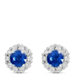 Round Cut Sapphire Halo Stud Earrings, 14K White Gold