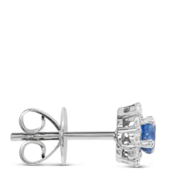 Round Cut Sapphire Halo Stud Earrings, 14K White Gold