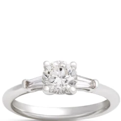 Round Diamond and Baguette Engagement Ring, 14K White Gold