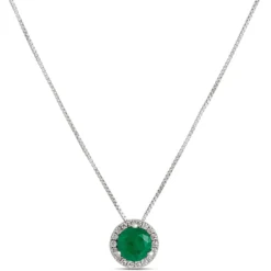 Round Emerald Pendant Necklace With Diamond Halo in 14K White Gold