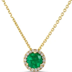 Round Emerald Pendant with Diamond Halo, 14K Yellow Gold