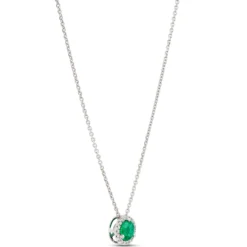 Round Emerald Pendant with Diamond Halo, 14K White Gold
