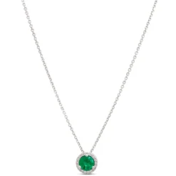 Round Emerald Pendant with Diamond Halo, 14K White Gold