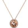Round Morganite and Diamond Halo Pendant Necklace, 1/10 Carat, 14K Rose Gold