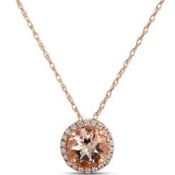 Round Morganite and Diamond Halo Pendant Necklace, 1/10 Carat, 14K Rose Gold