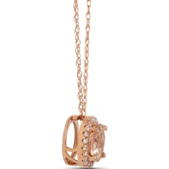 Round Morganite and Diamond Halo Pendant Necklace, 1/10 Carat, 14K Rose Gold
