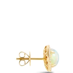 Round Opal and Diamond Halo Earrings, ⅓ Total Carat Weight, 14K Yellow Gold