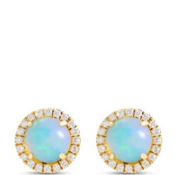 Round Opal and Diamond Halo Earrings, ⅓ Total Carat Weight, 14K Yellow Gold