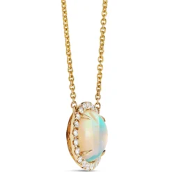 Round Opal and Diamond Halo Necklace, 14K Yellow Gold