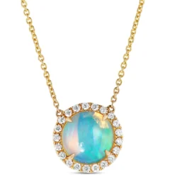 Round Opal and Diamond Halo Necklace, 14K Yellow Gold
