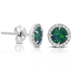 Round Opal Doublet & Diamond Stud Earrings 14K