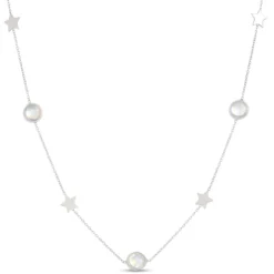 Round Rainbow Moonstone Necklace, Sterling Silver